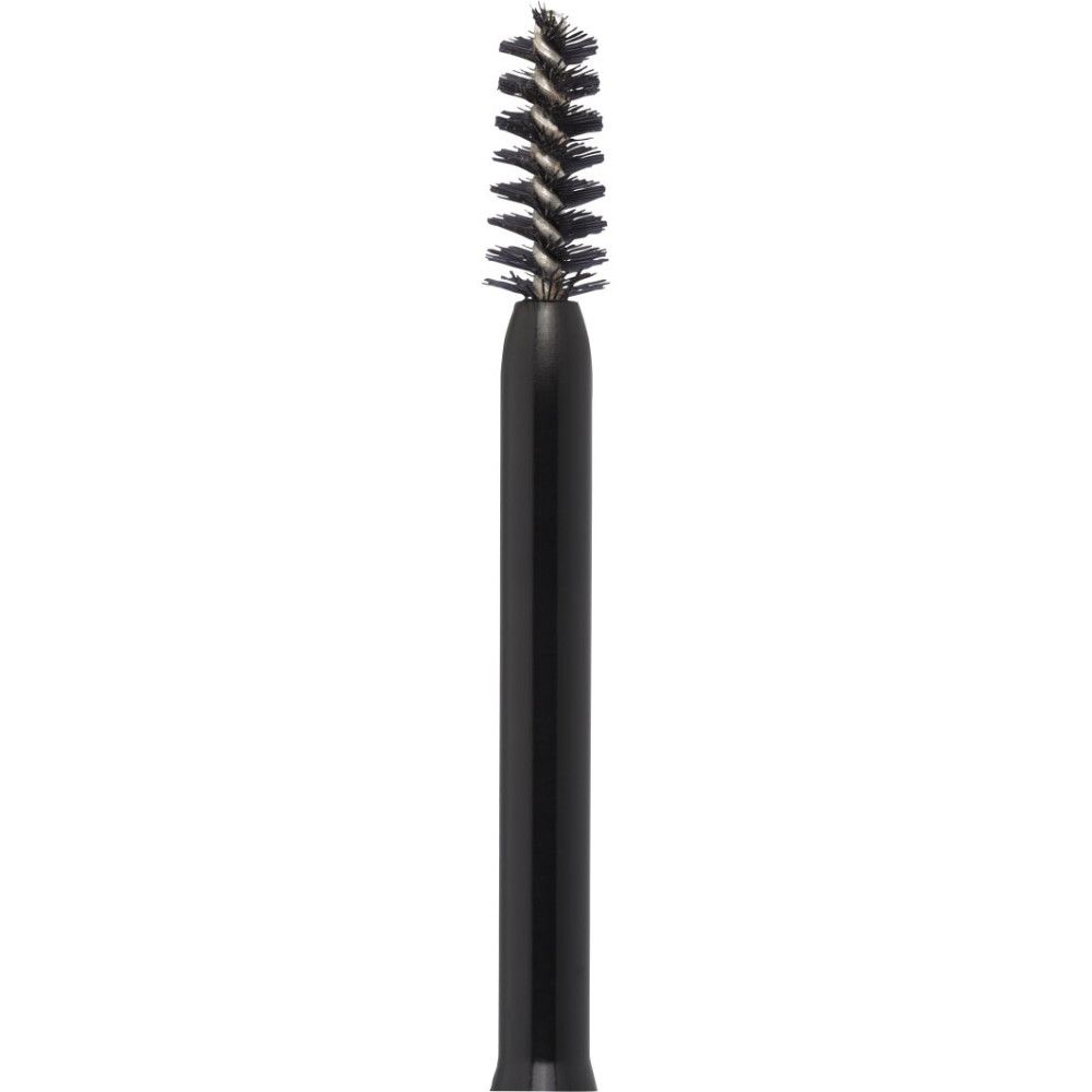 Gros plan de la brosse de mascara. Manche noir avec poils en spirale. Vue détaillée.