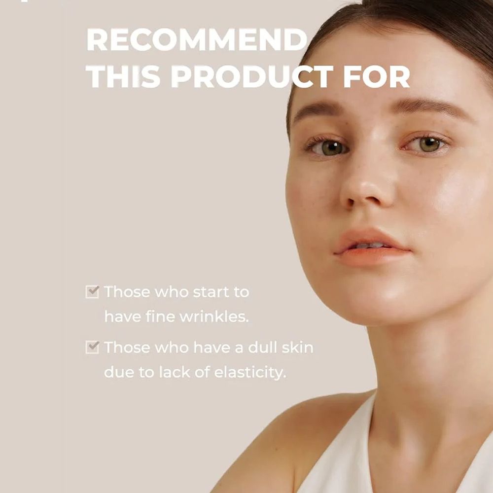 Portret van een vrouw. Tekst: Beveel dit product aan voor mensen met fijne lijntjes en een doffe huid.