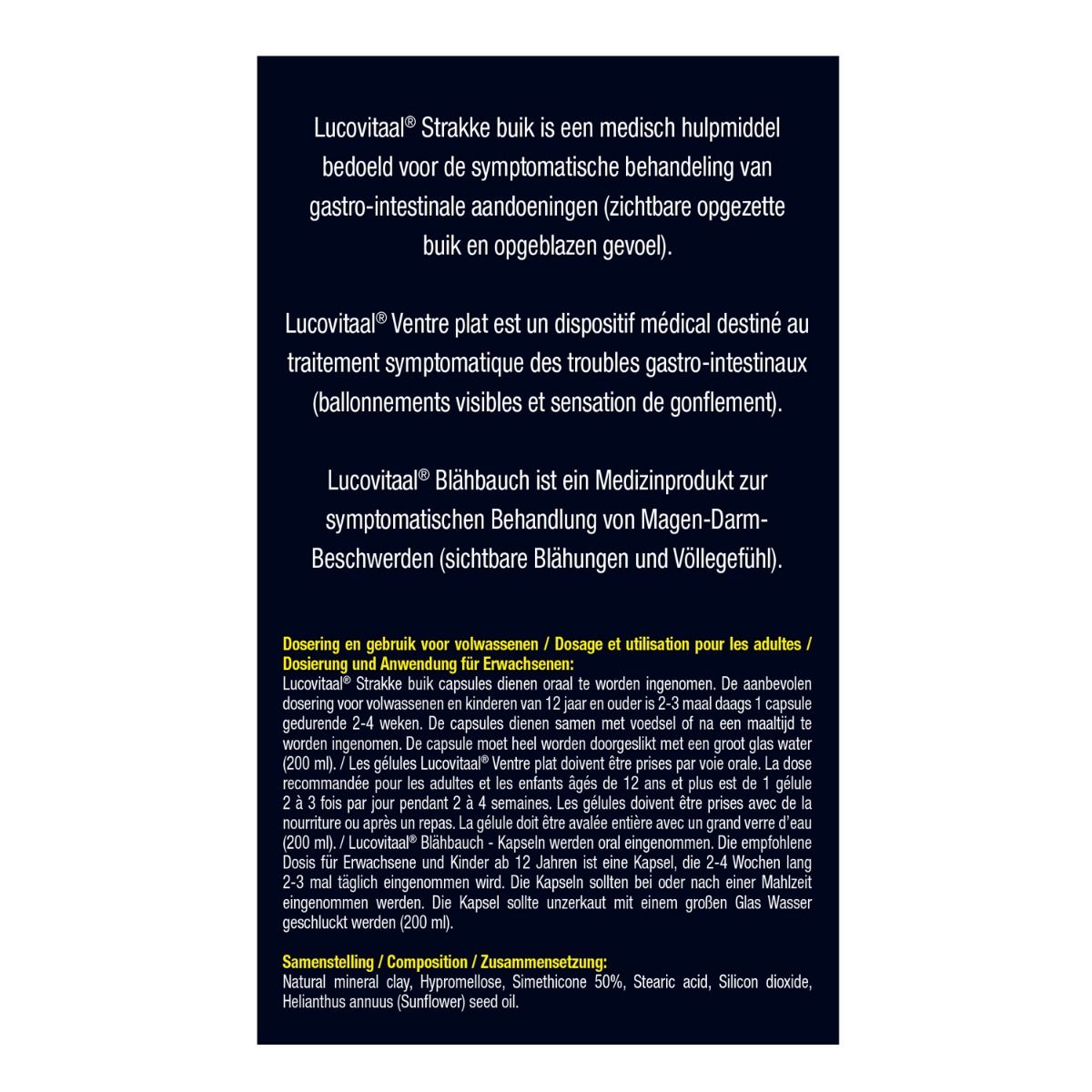 Tekst op blauwe achtergrond. Informatie over "Lucovitaal Strakke buik" in het Nederlands, Frans en Duits.