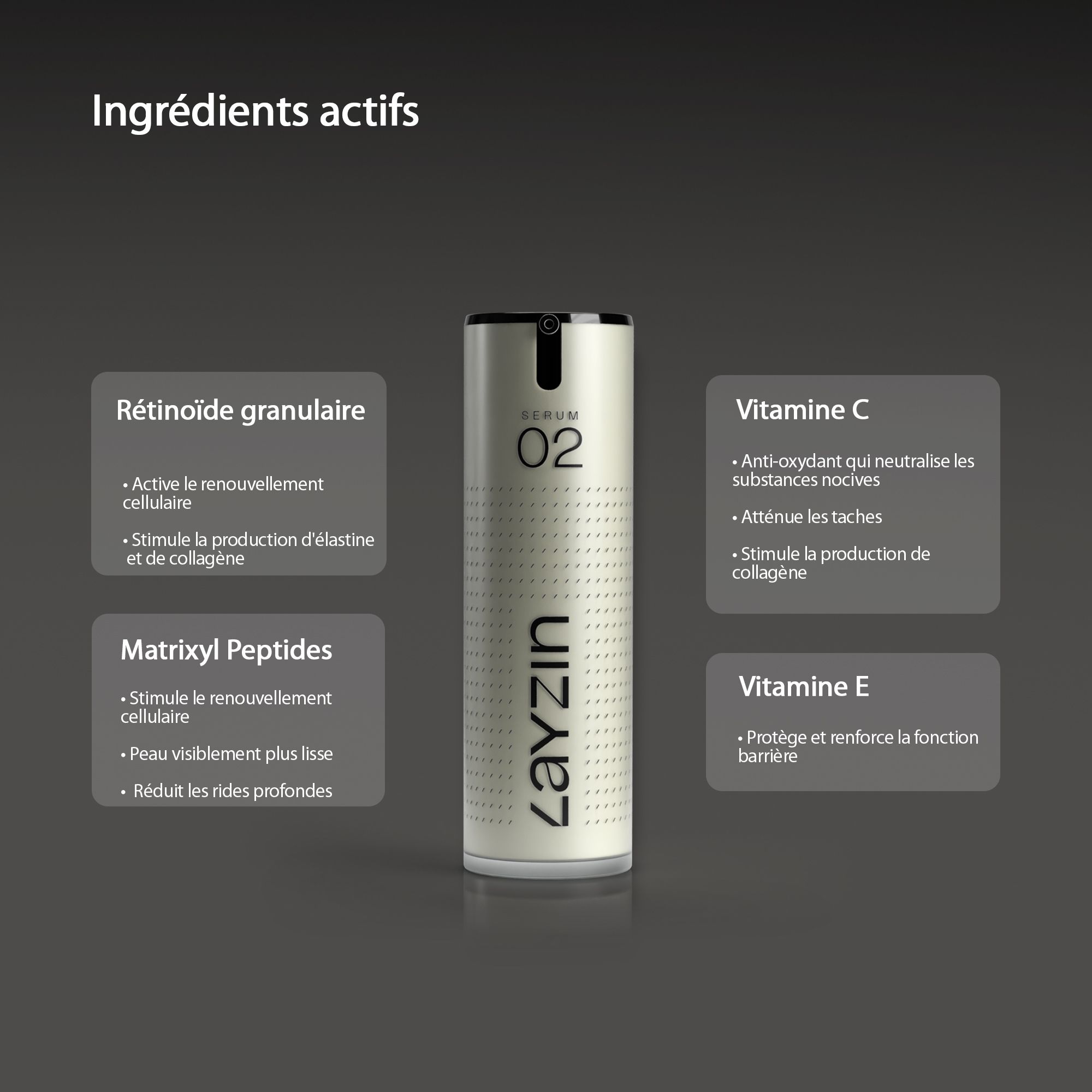 Femme avec analyse du visage. Texte : Lisse les rides, raffermit la peau, réduit l'hyperpigmentation.