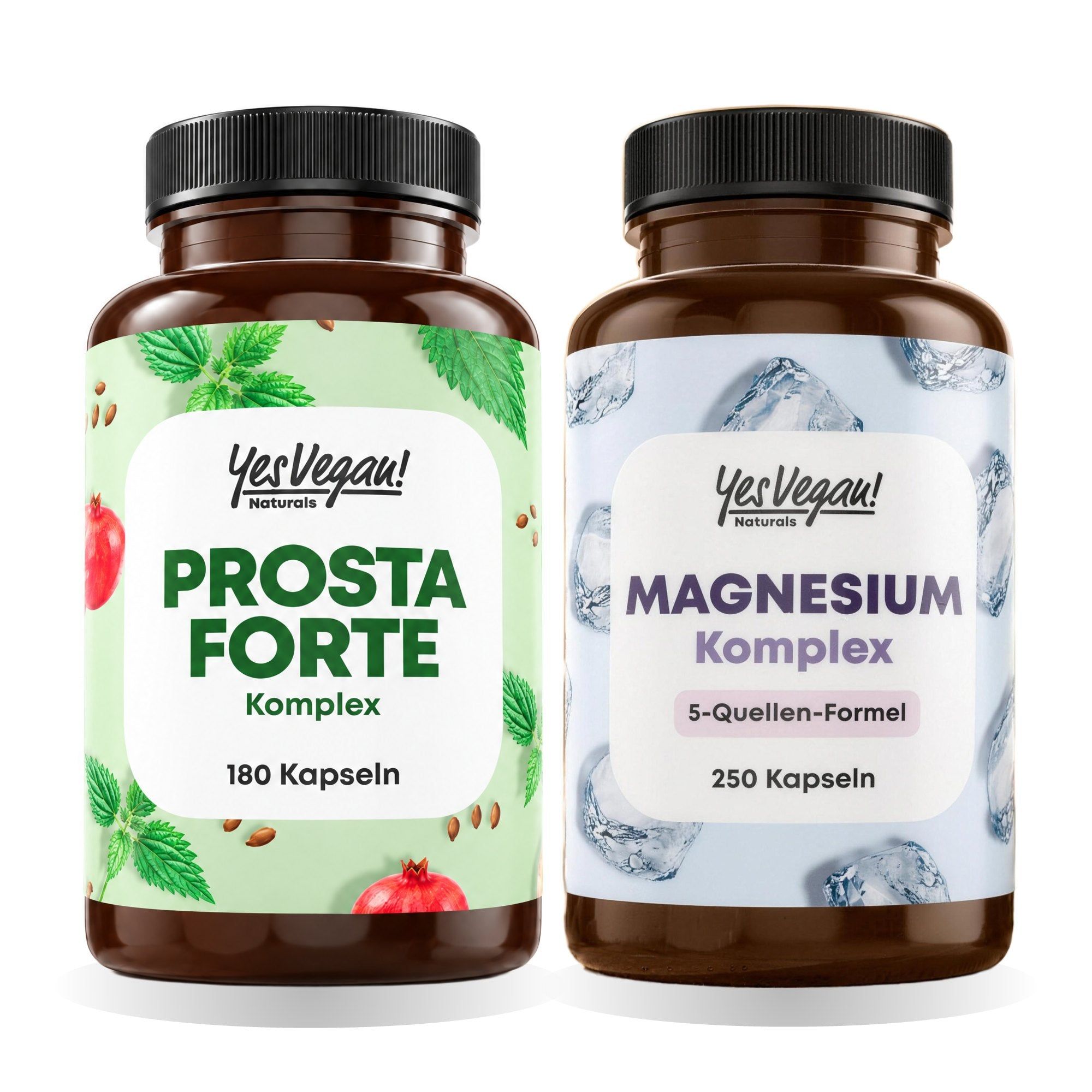 Twee flessen: 'Prosta Forte Komplex' (180 capsules) en 'Magnesium Komplex' (250 capsules).