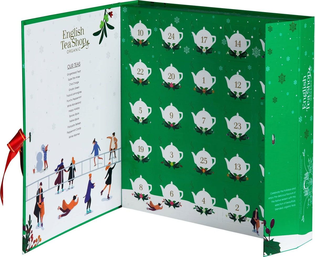 Adventskalender open. 25 deuren met theepotmotieven. Links: lijst met theesoorten. Rood lint.