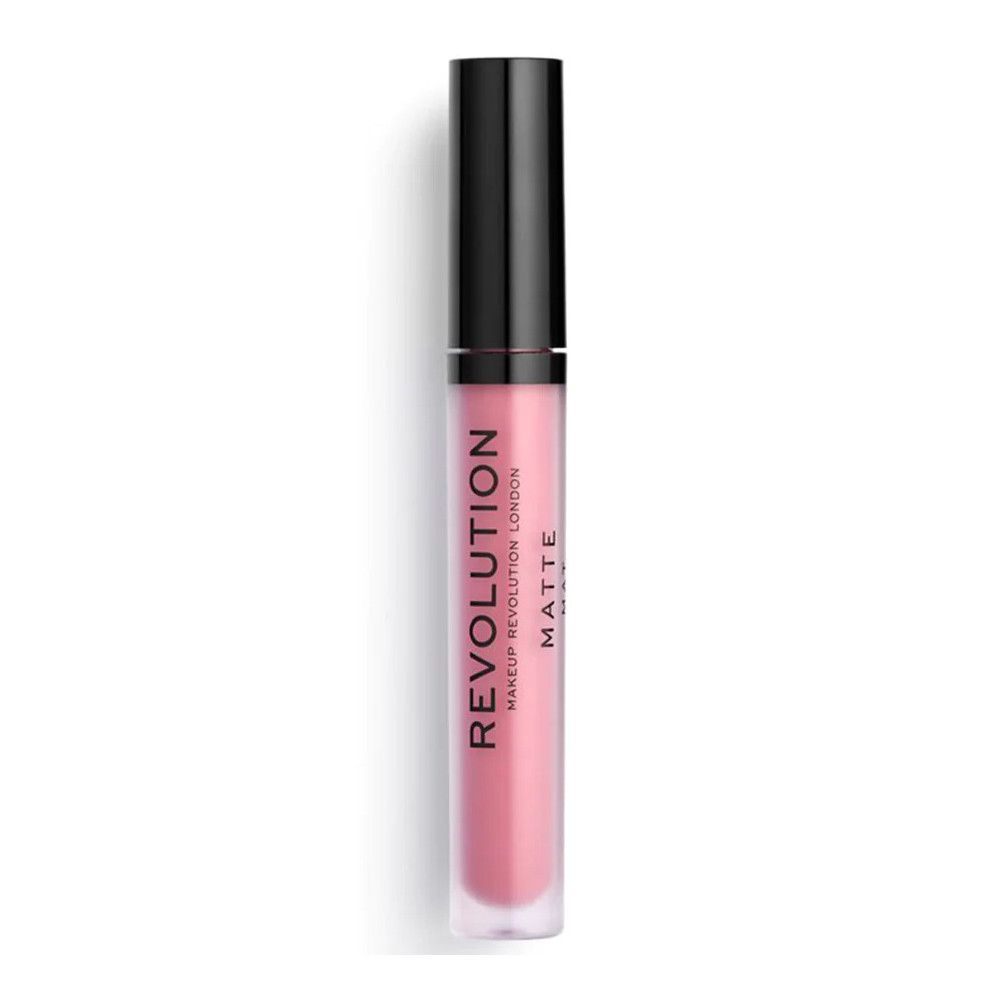 Flacon de gloss. Teinte rose. Inscription: Makeup Revolution London, Matte.