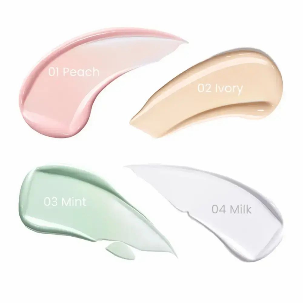 Vier tinten make-up primer: 01 Perzik, 02 Ivoor, 03 Mint, 04 Melk.