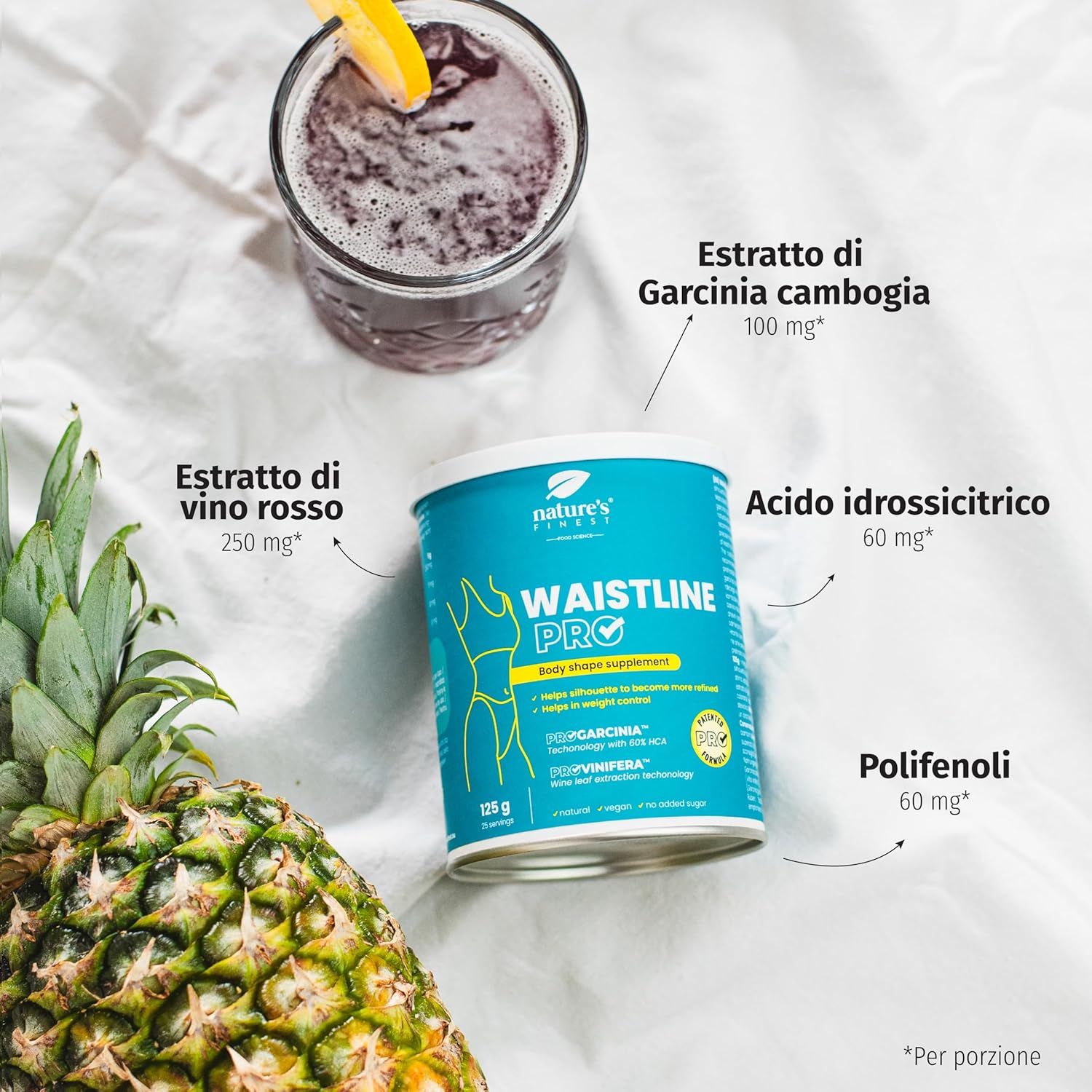 Pot "Waistline Pro" naast ananas en glas. Labels: Garcinia, rode wijn, hydroxycitroenzuur, polyfenolen.