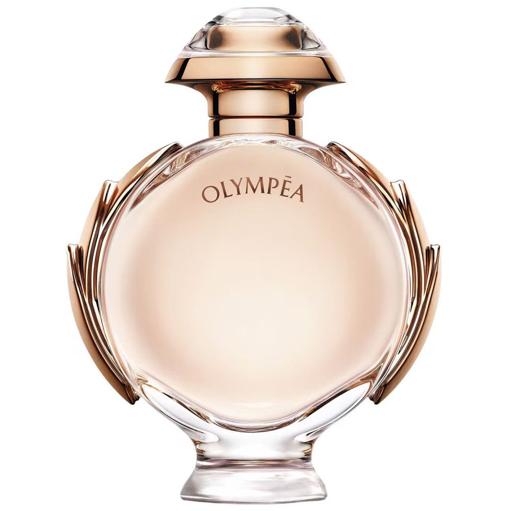Parfumfles, rond, roze-goudkleurig. Opschrift Olympea. Transparante glazen fles.