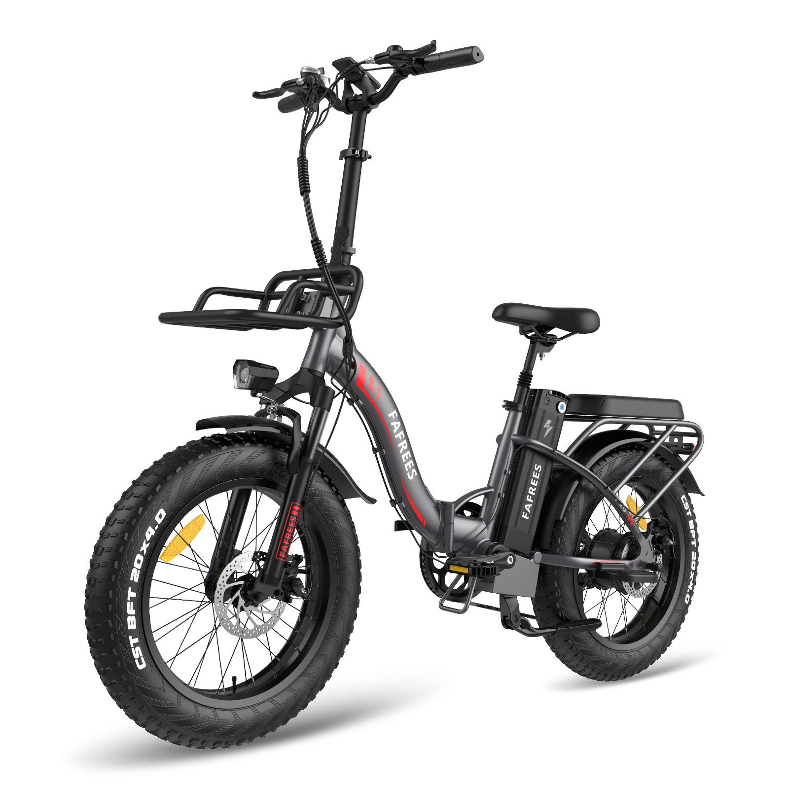 Opvouwbare elektrische fiets Fafrees F20 Max, grijs met rode accenten. Zwarte banden, bagagerek en mand. Merk zichtbaar.