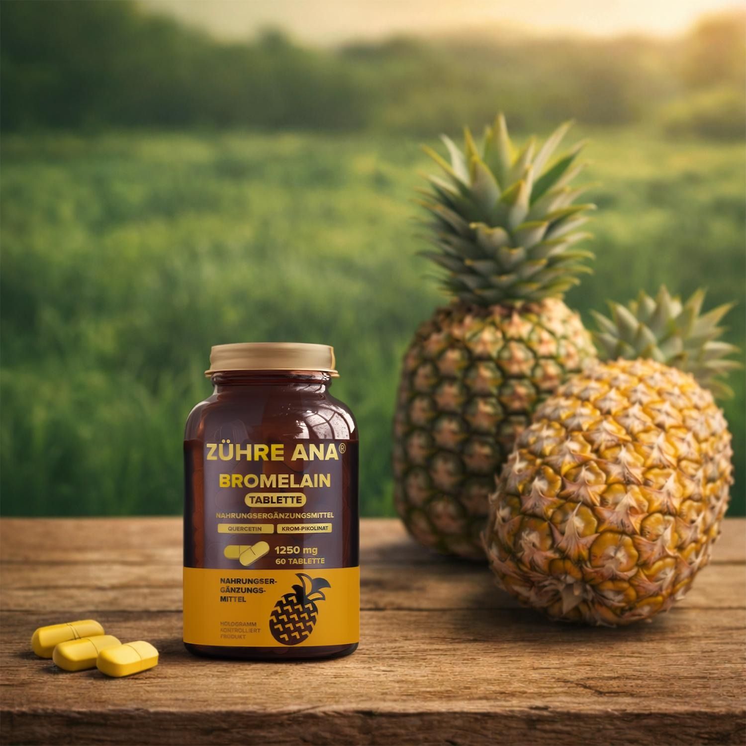 Gélules Zühre Ana Bromélaïne : Flacon sur table en bois avec ananas et comprimés.