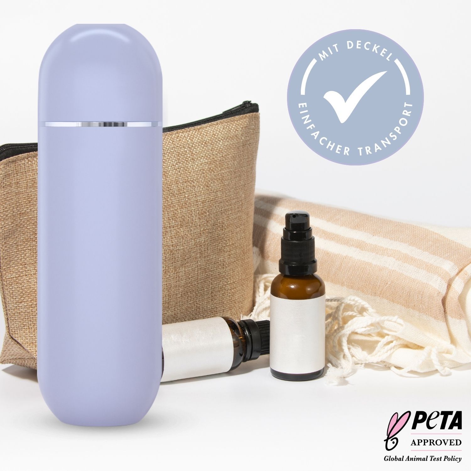 Douche intime violette avec accessoires. Label PETA. Texte: Avec couvercle, transport facile. Autres produits en arrière-plan.