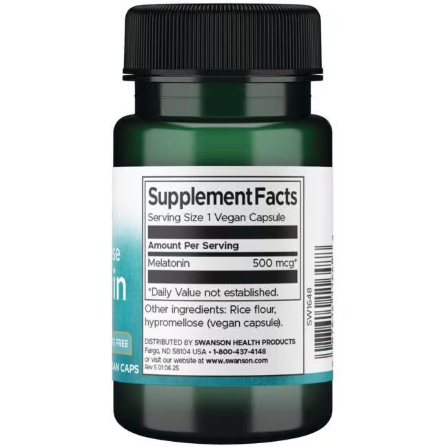 Dos du flacon vert. Inscription: Supplement Facts, Mélatonine 500 mcg, 1 gélule végétalienne.