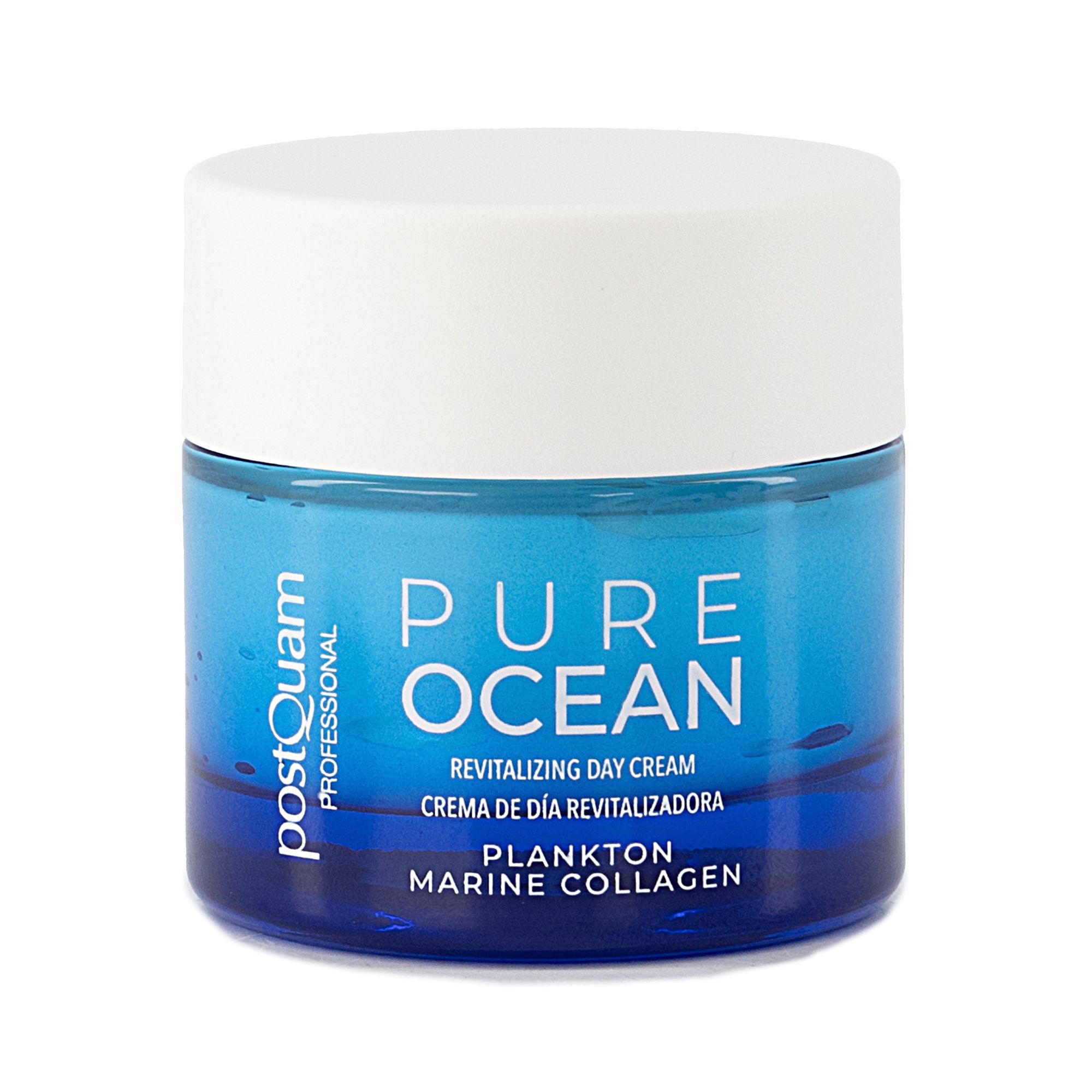 Blauwe crèmepot met witte deksel. Opschrift: PURE OCEAN, Revitalizing Day Cream, Plankton Marine Collagen. Merk: Postquam.