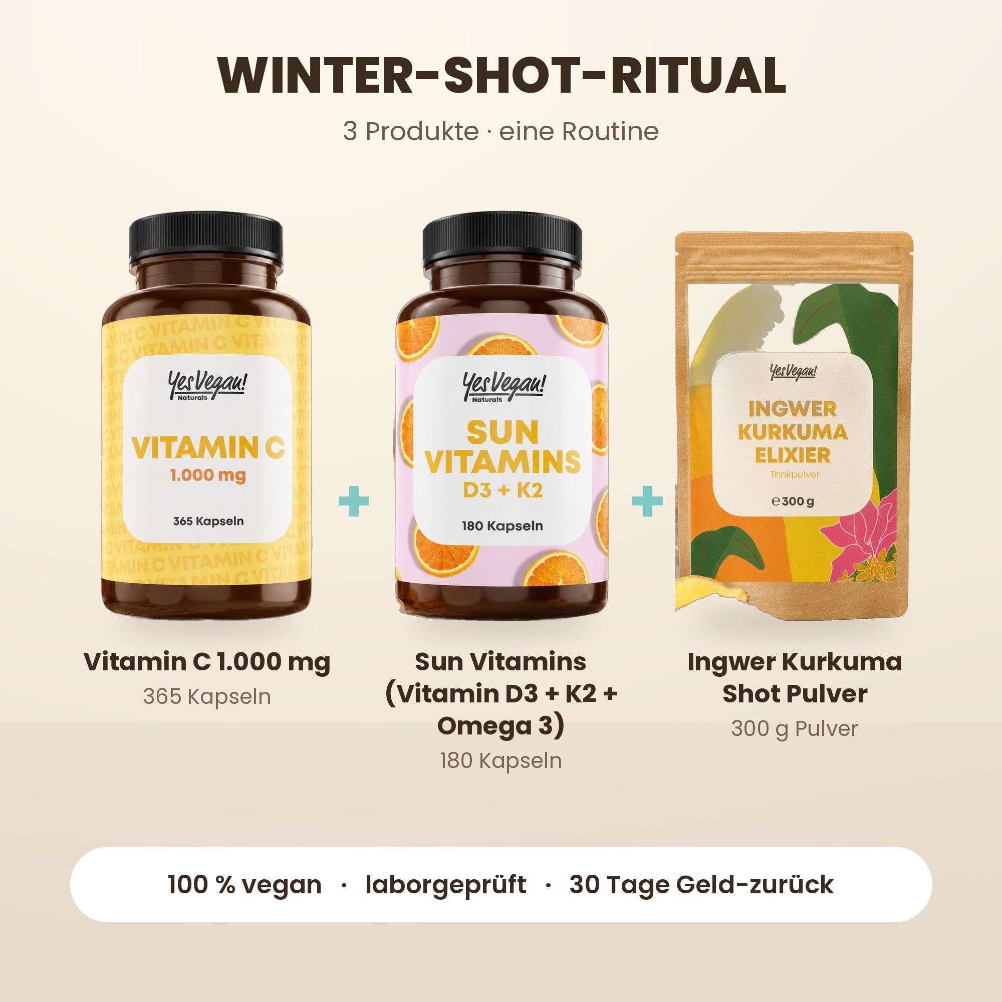 Trois produits Yes Vegan!: Vitamine C (365 gélules), Sun Vitamins D3+K2 (180 gélules) et Poudre Shot Gingembre Curcuma (300g).