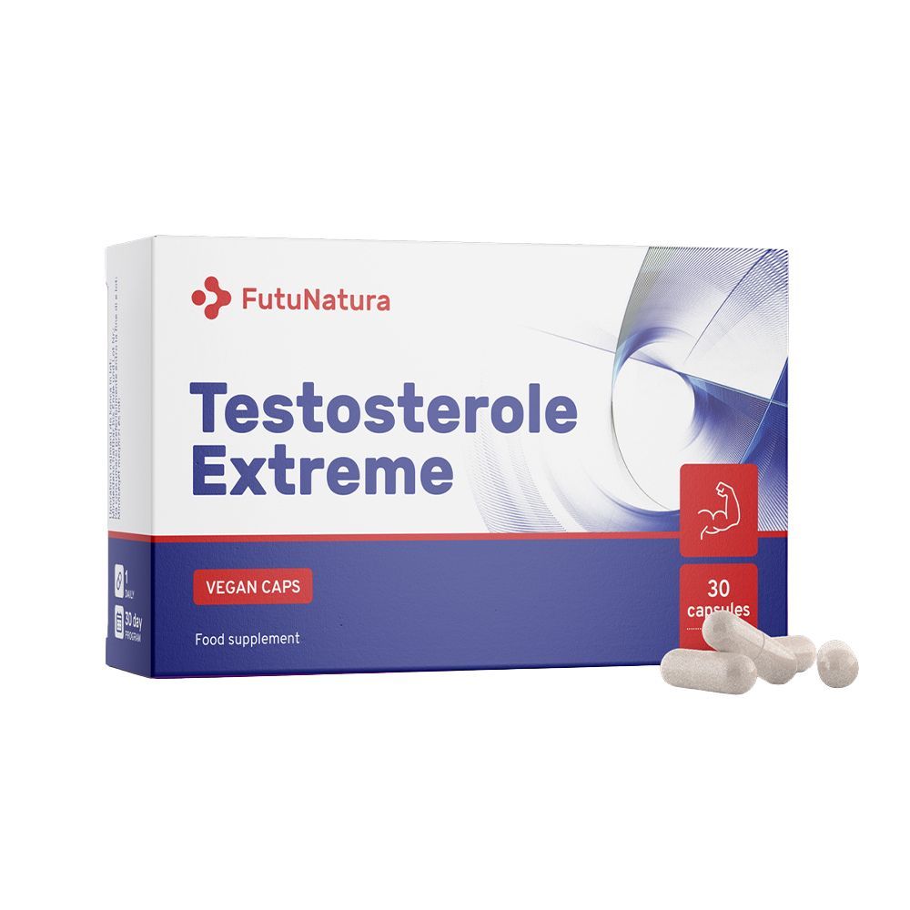 FutuNatura Testosterole Extreme, vegan capsules. Witte en blauwe doos, 30 capsules. Logo en productnaam duidelijk zichtbaar.