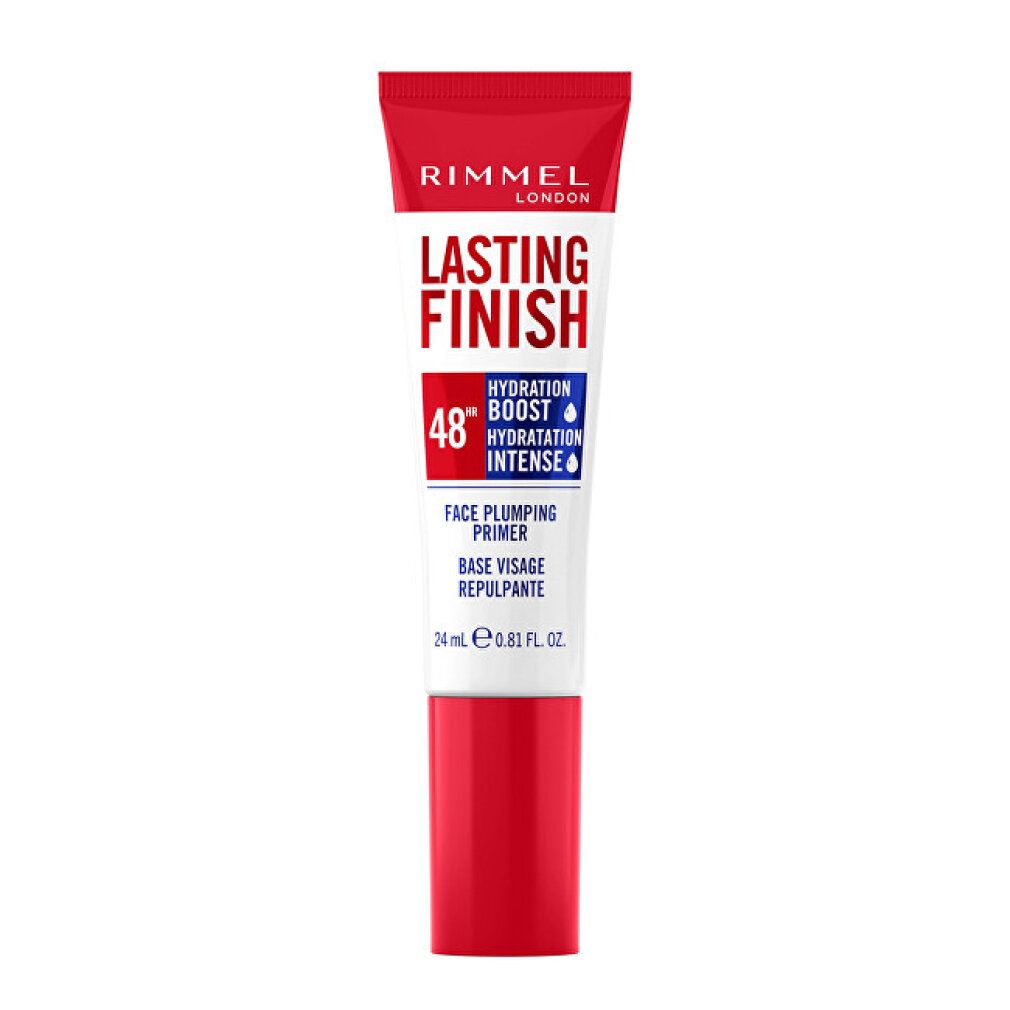 Rode en witte tube. Opschrift: Rimmel London, Lasting Finish, Face Plumping Primer. 24 ml.