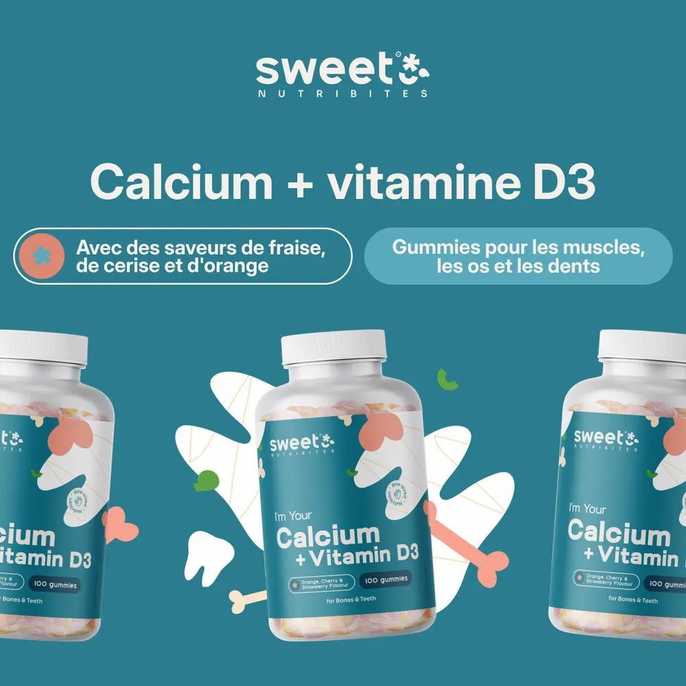 Trois flacons Sweet Nutribites Calcium + vitamine D3. Texte: Calcium + vitamine D3, Gommes pour muscles, os et dents, 3 saveurs.