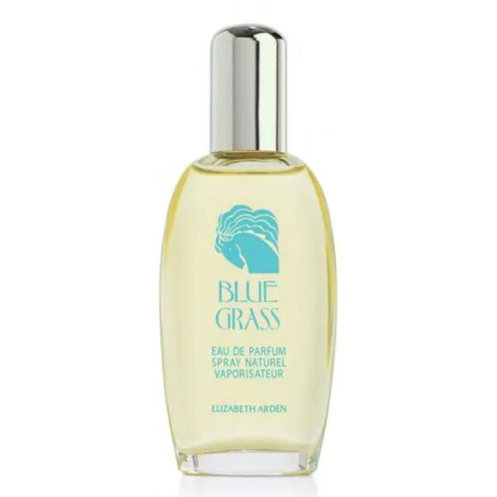 Glazen fles met zilveren dop. Opschrift "BLUE GRASS". Tekst: Eau de Parfum, Spray Naturel, Vaporisateur. Merk: Elizabeth Arden.