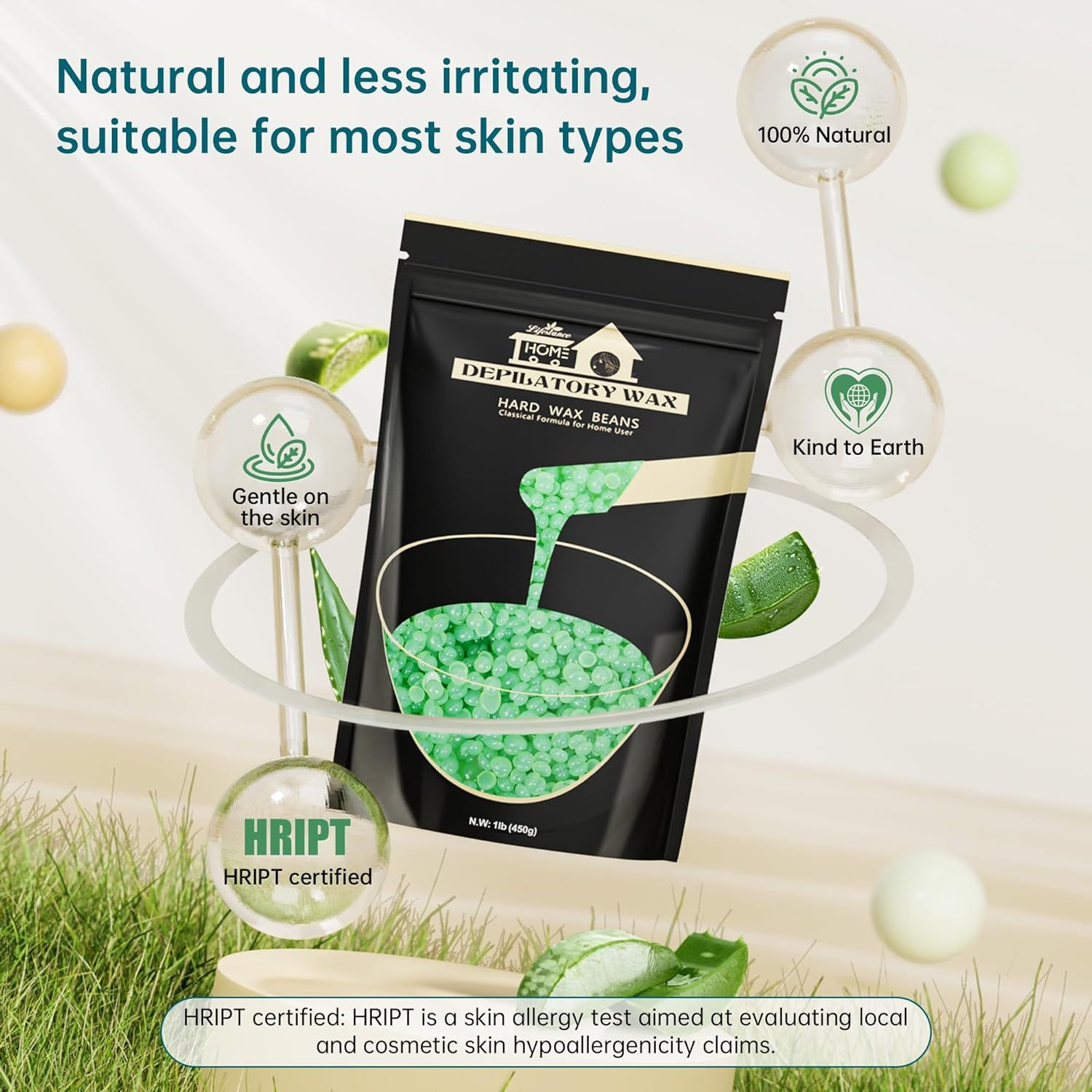 Paquet noir avec perles de cire vertes. Texte : Certifié HRIPT, doux pour la peau, 100% naturel. Feuilles d'aloe vera.