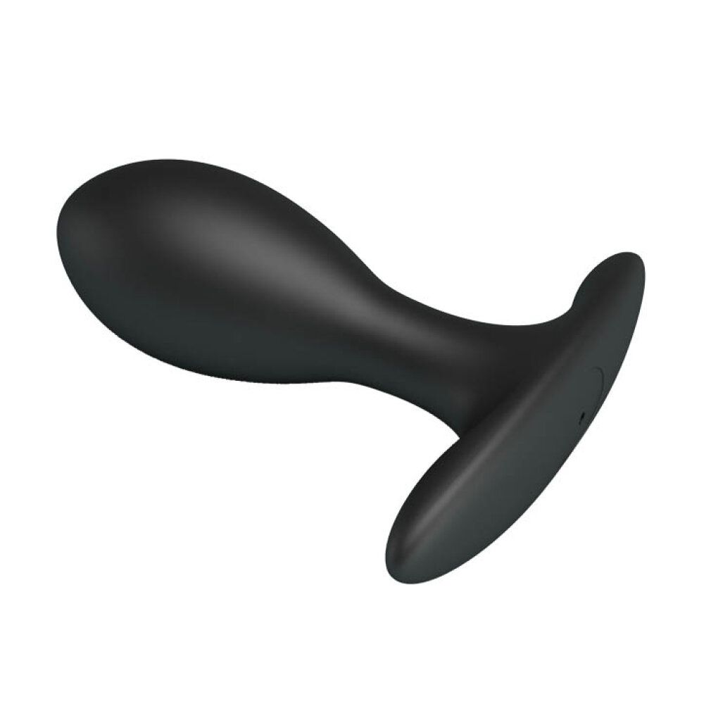 Zwarte opblaasbare anale plug in gebogen bovenaanzicht, geïsoleerd op witte achtergrond.