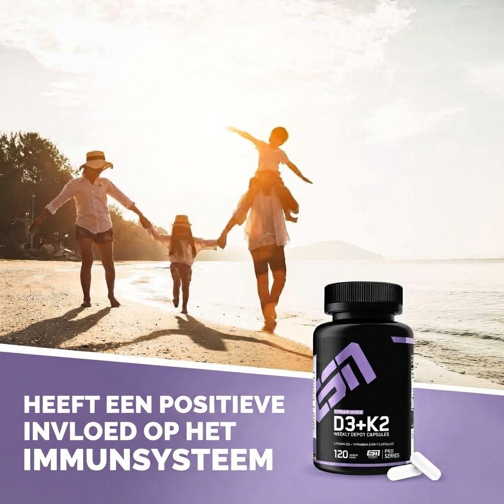 Familie op strand, ESN Vitamine D3+K2 pot op voorgrond. Tekst: 'Heeft een positieve invloed op het immuunsysteem'.
