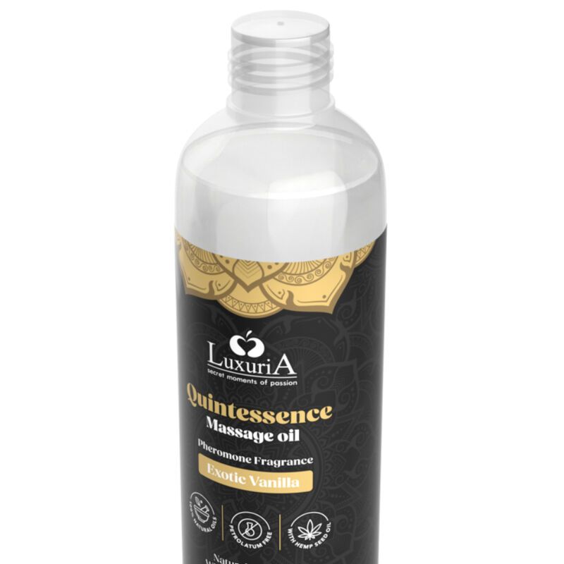 Bouteille d'huile de massage avec inscription "Quintessence Massage oil" et "Exotic Vanilla".