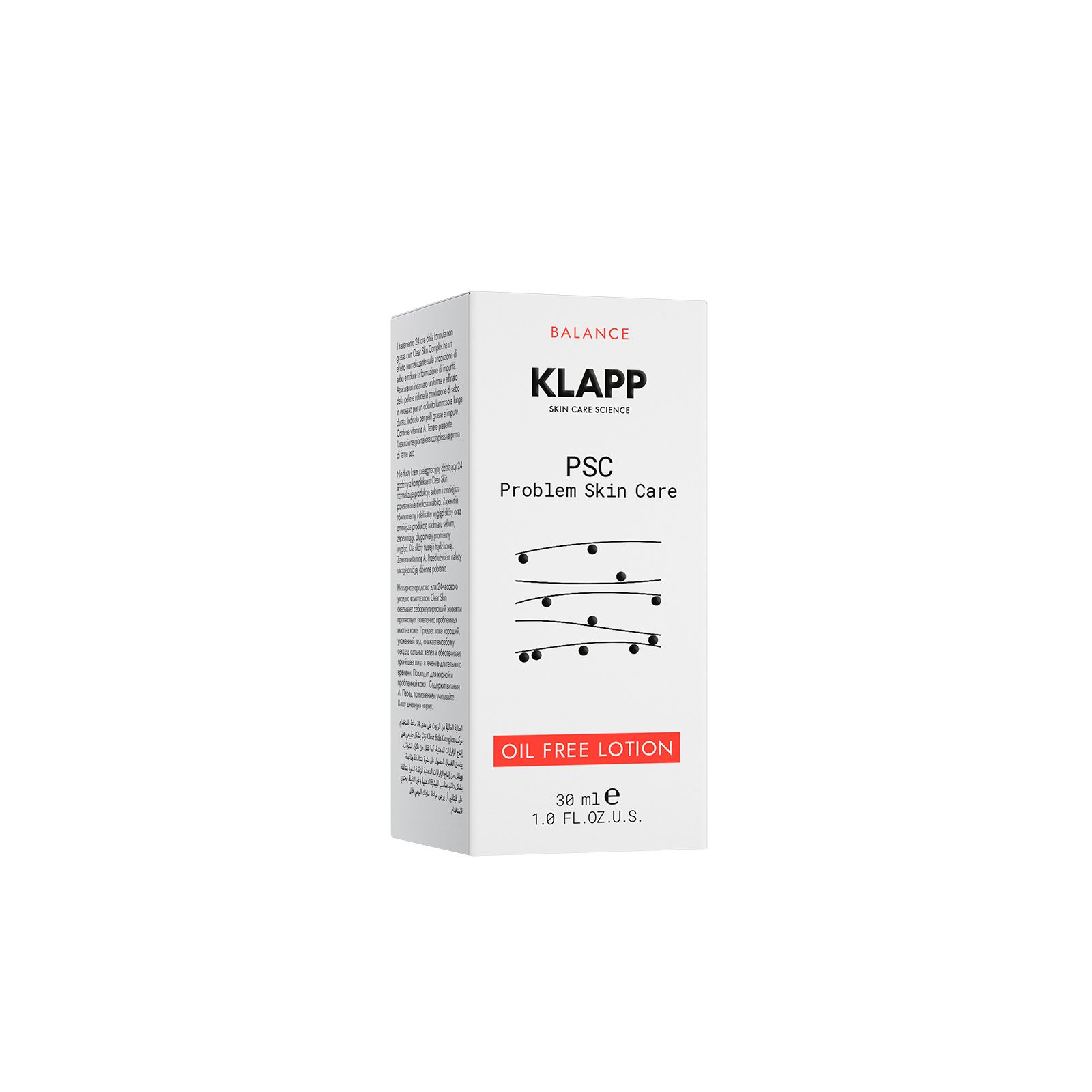Klapp PSC Problem Skin Care Oil Free Lotion. Witte verpakking met rode en zwarte tekst. 30 ml.