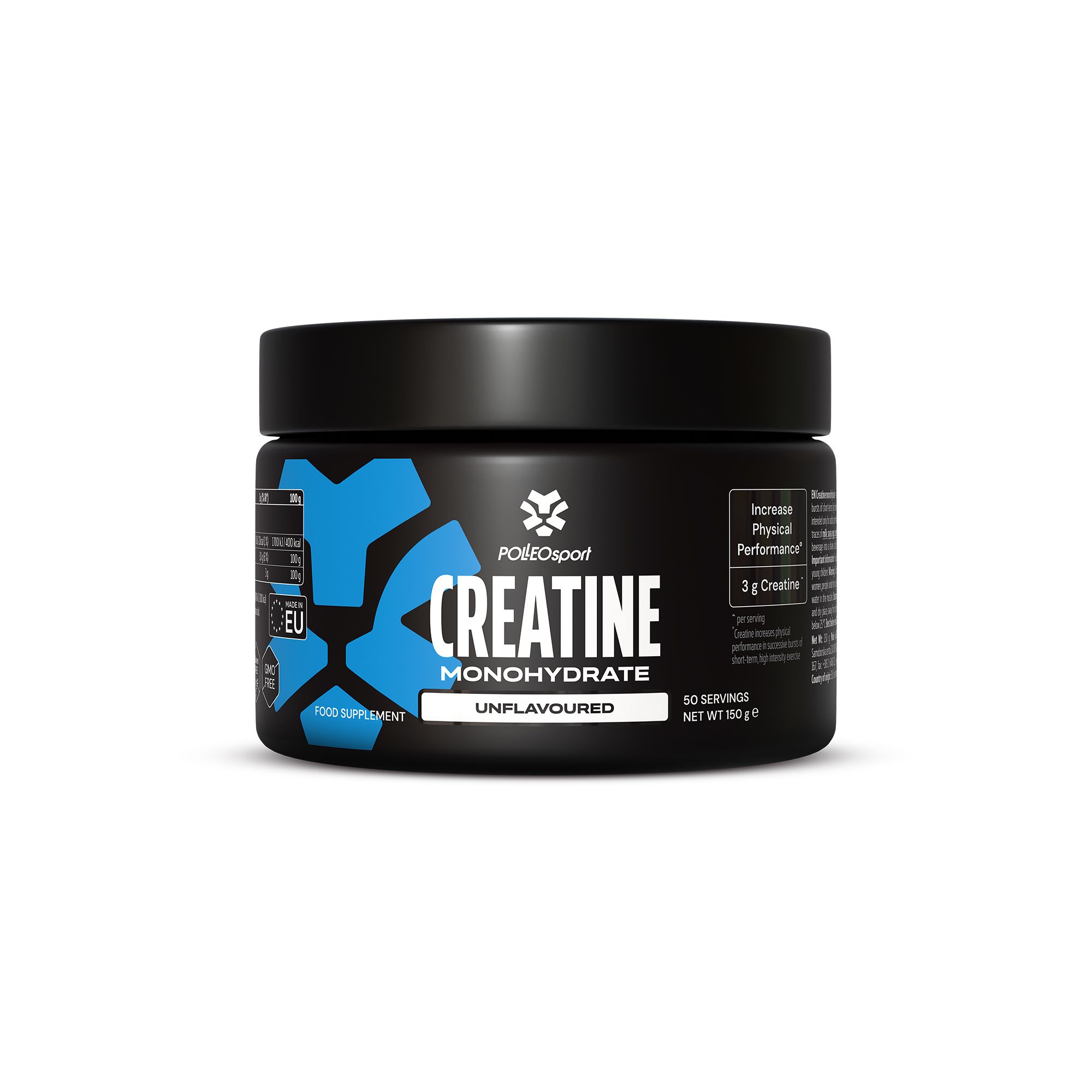 Zwarte pot met blauw patroon. Opschrift: Creatine Monohydrate, Unflavoured. Merk: PolleoSport. Voedingssupplement.
