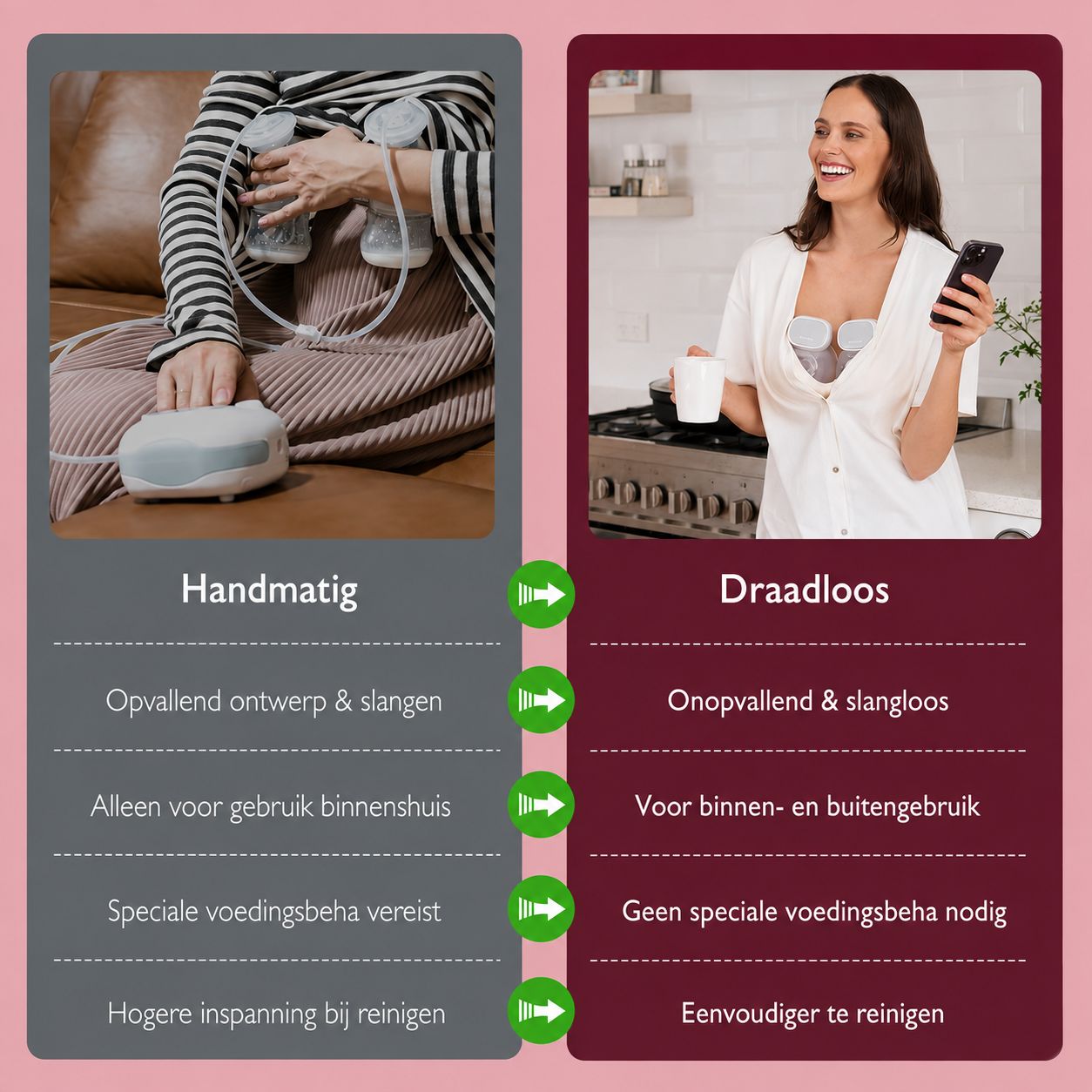 Vergelijking van handmatige borstkolf met slangen en handsfree, slangloze borstkolf.
