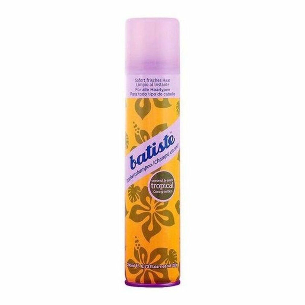 Batiste Droogshampoo Tropical Coconut & Exotic. Gele spuitbus met tropische bladeren en bloemen.