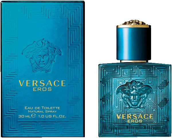 Flacon et emballage turquoise Versace Eros. Flacon avec logo Méduse et motif géométrique. Emballage avec logo et texte.
