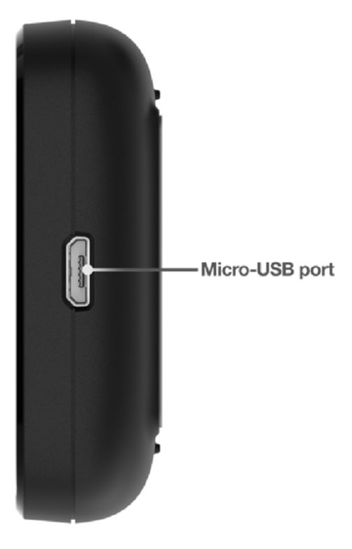 Glucomètre noir avec port micro-USB. Vue latérale.