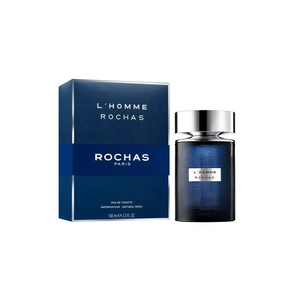 Flacon et emballage L'Homme Rochas Eau de Toilette. Boîte bleu foncé avec inscription argentée.