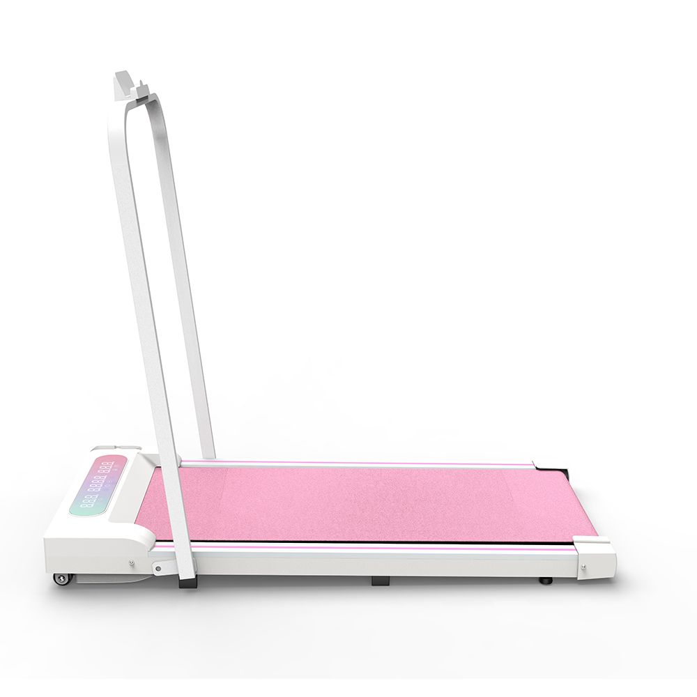 Tapis roulant pliable avec surface rose, cadre blanc, écran LED et barre d'appui. Vue latérale.