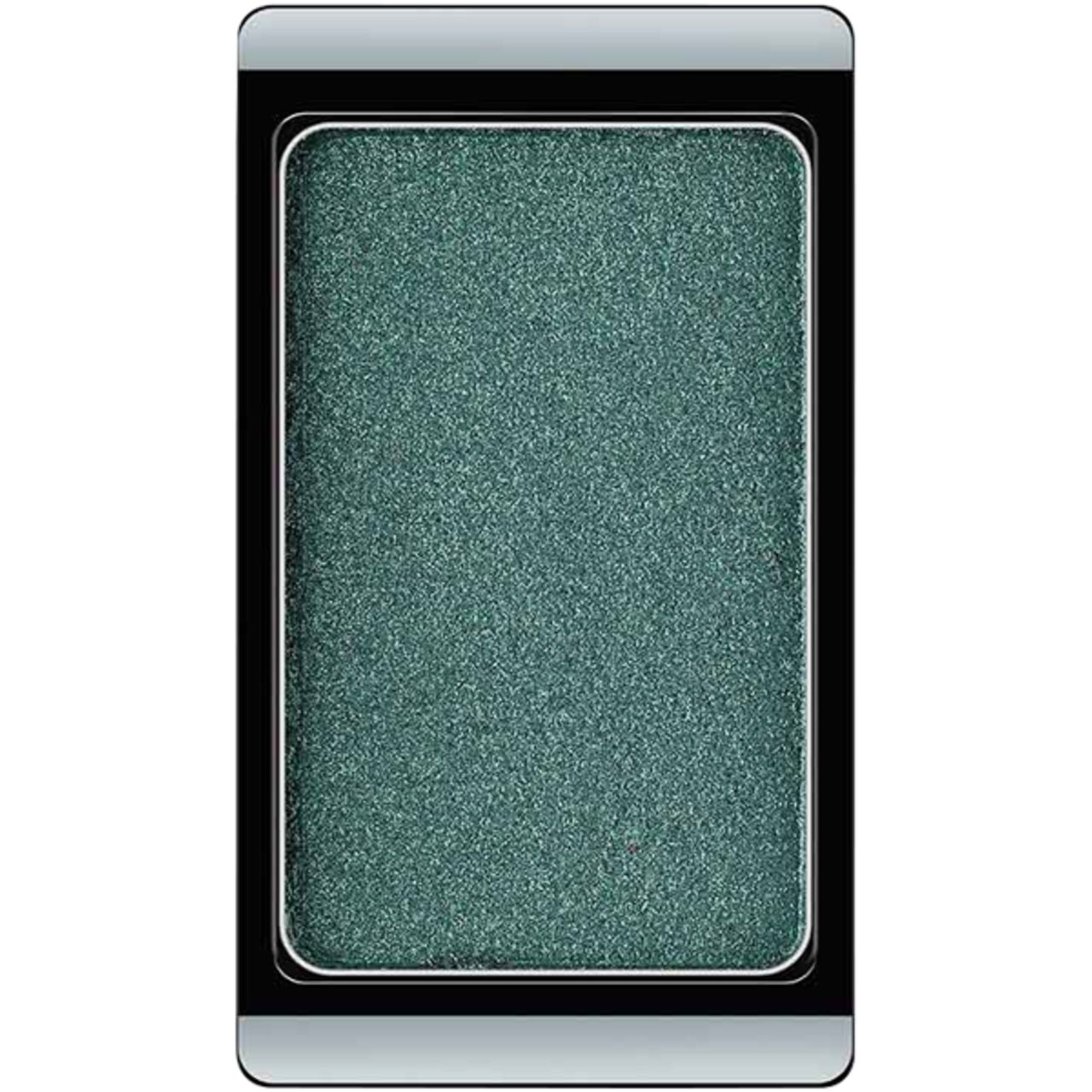Rechthoekige oogschaduw. Donkergroene kleur met glitter. Zwarte rand, zilveren omlijsting.