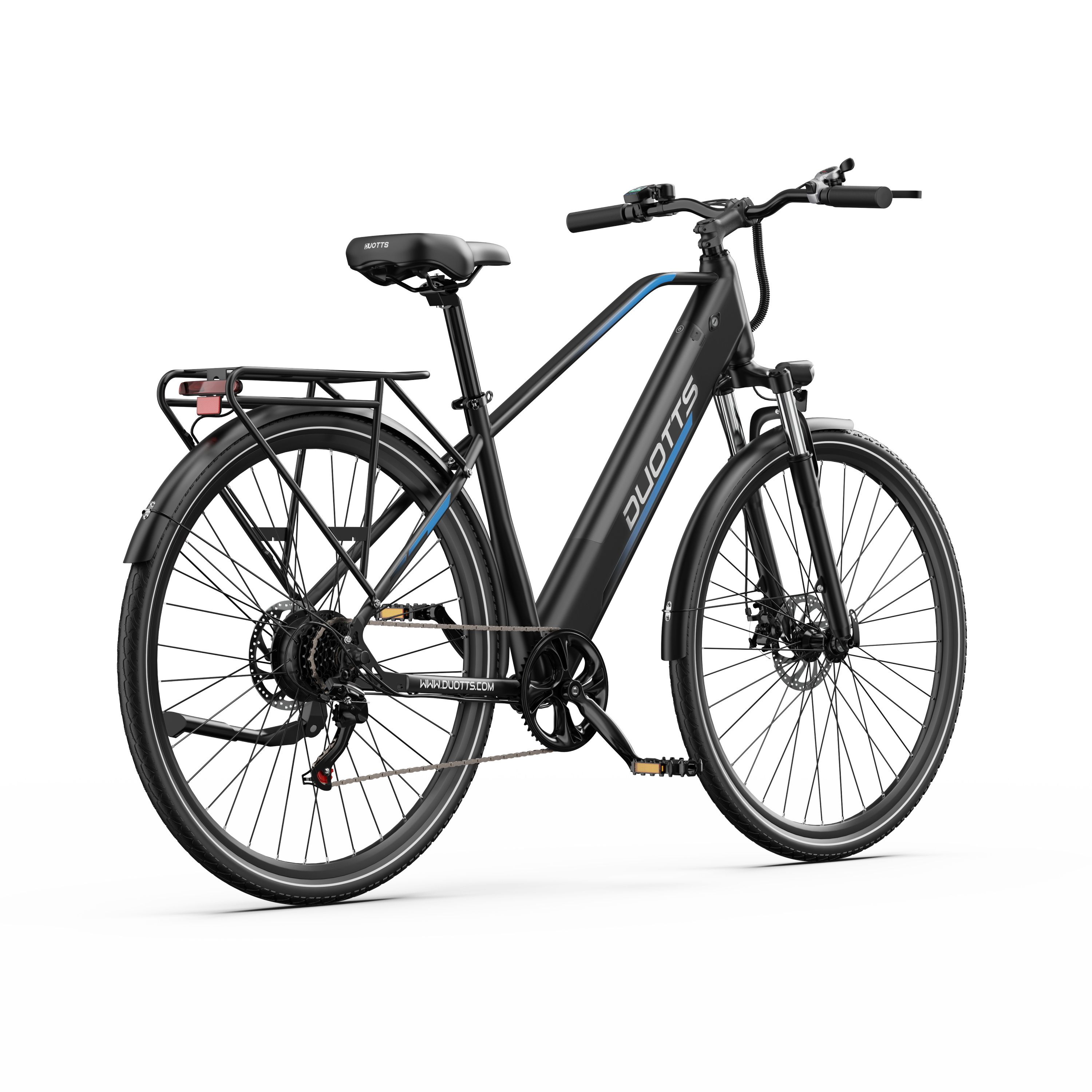Vélo électrique DUOTTS C29Lite noir. Feu arrière, porte-bagages, freins à disque. Détails bleus. Vue arrière.