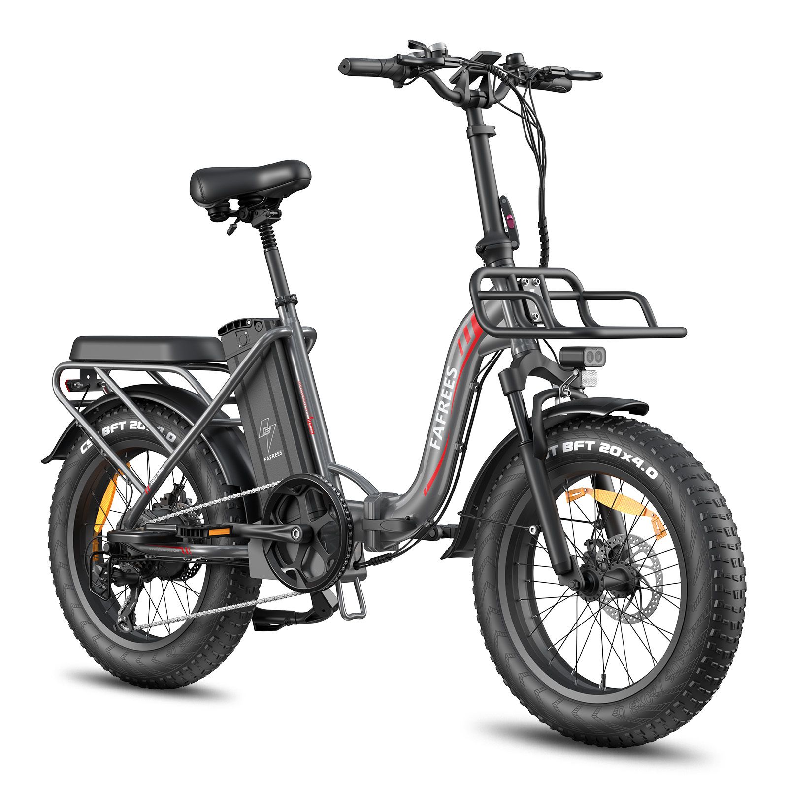 Opvouwbare e-bike met brede banden, bagagedrager, voorste mand en koplamp. Merk FAFREES.