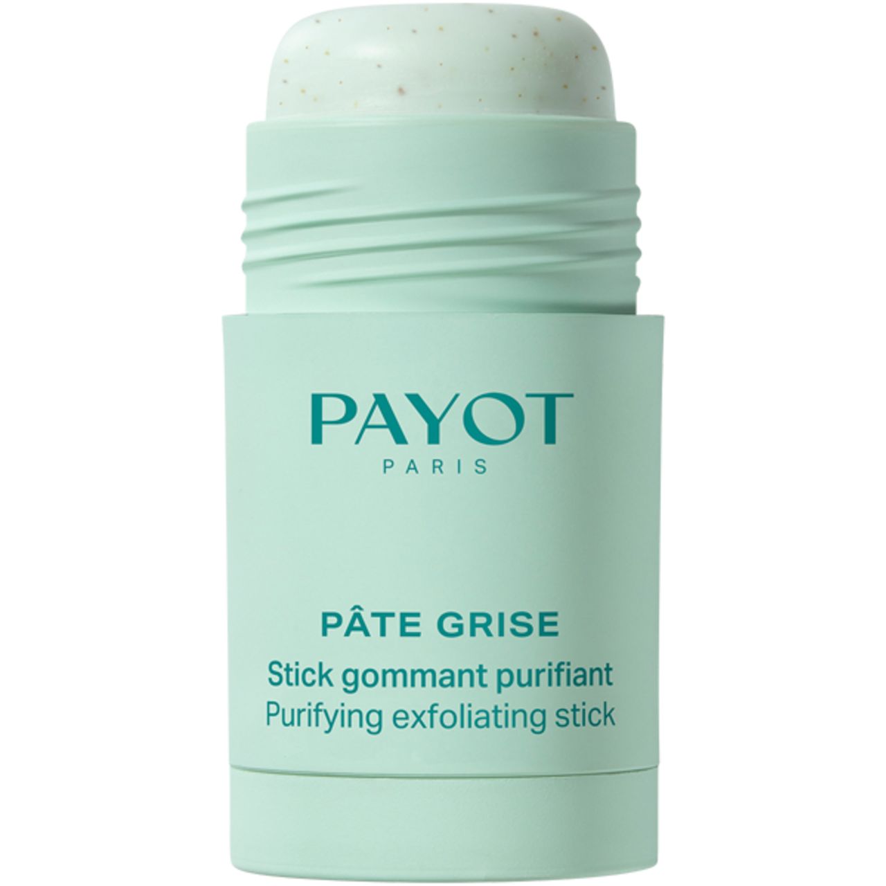 Open stick, lichtgroen en turquoise. Opschrift: PAYOT PARIS, PÂTE GRISE, Stick gommant purifiant, Purifying exfoliating stick. Zichtbare textuur.