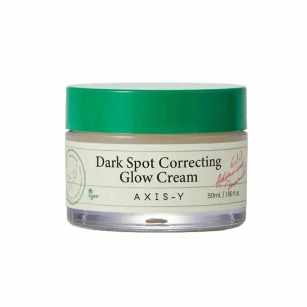 Pot de crème avec couvercle vert. Contient la crème 'Dark Spot Correcting Glow Cream' d'AXIS-Y.