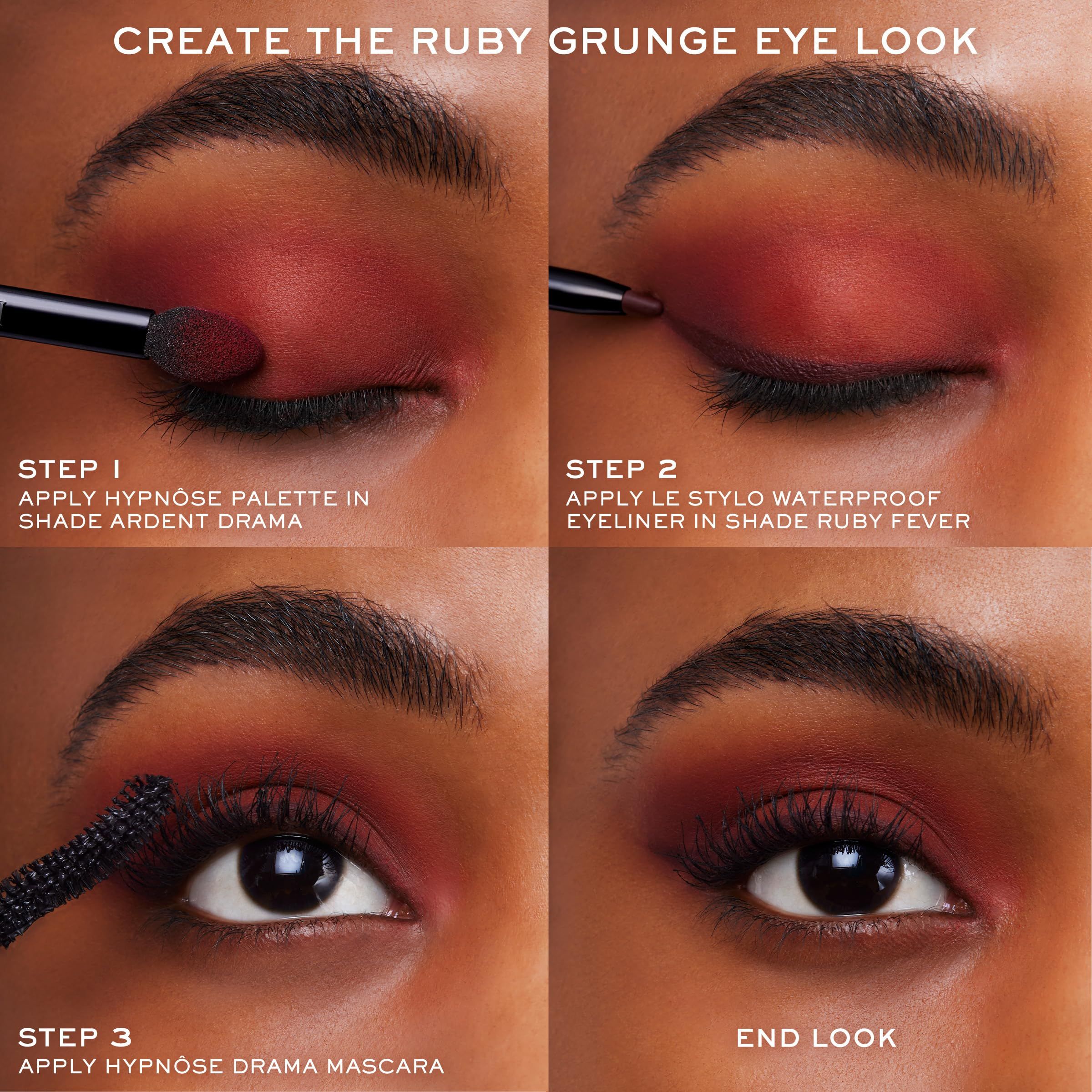 Tutoriel de maquillage des yeux étape par étape. Texte : Create the Ruby Grunge Eye Look.