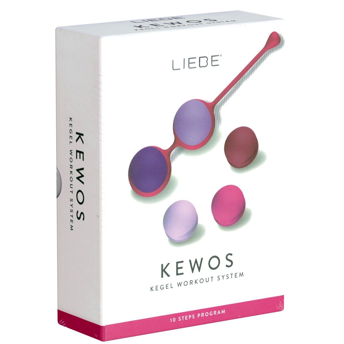 Verpakking van het LIEBE *Kewos* Kegel Workout System. Kegelballen in verschillende kleuren en maten. Opschrift: KEWOS, 10 Steps Program.