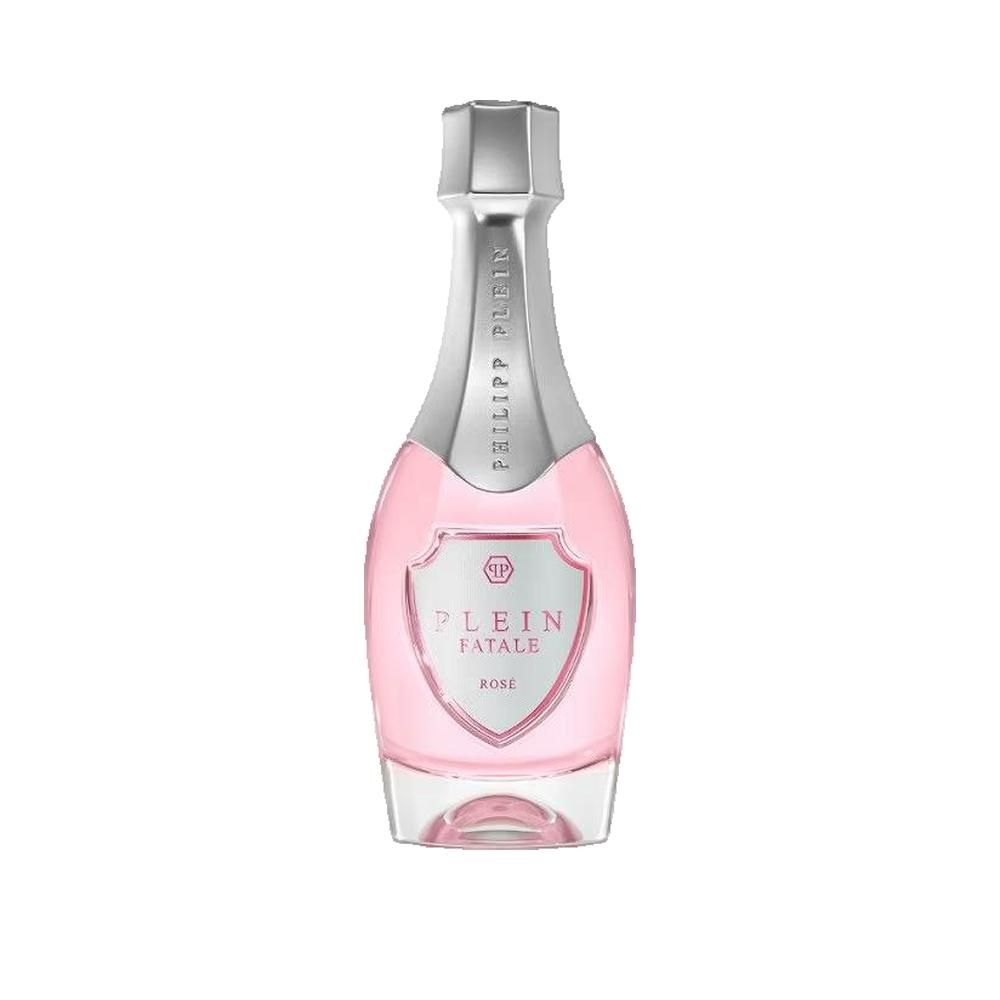 Roze fles met zilveren dop. Op het etiket staat "PLEIN FATALE ROSE". De fles heeft een ongewone vorm.
