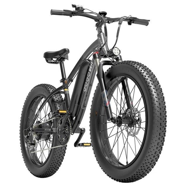 E-bike met brede banden, vooraanzicht. Merk GOGOBEST op het frame. Zwarte kleur, koplamp en pedalen.