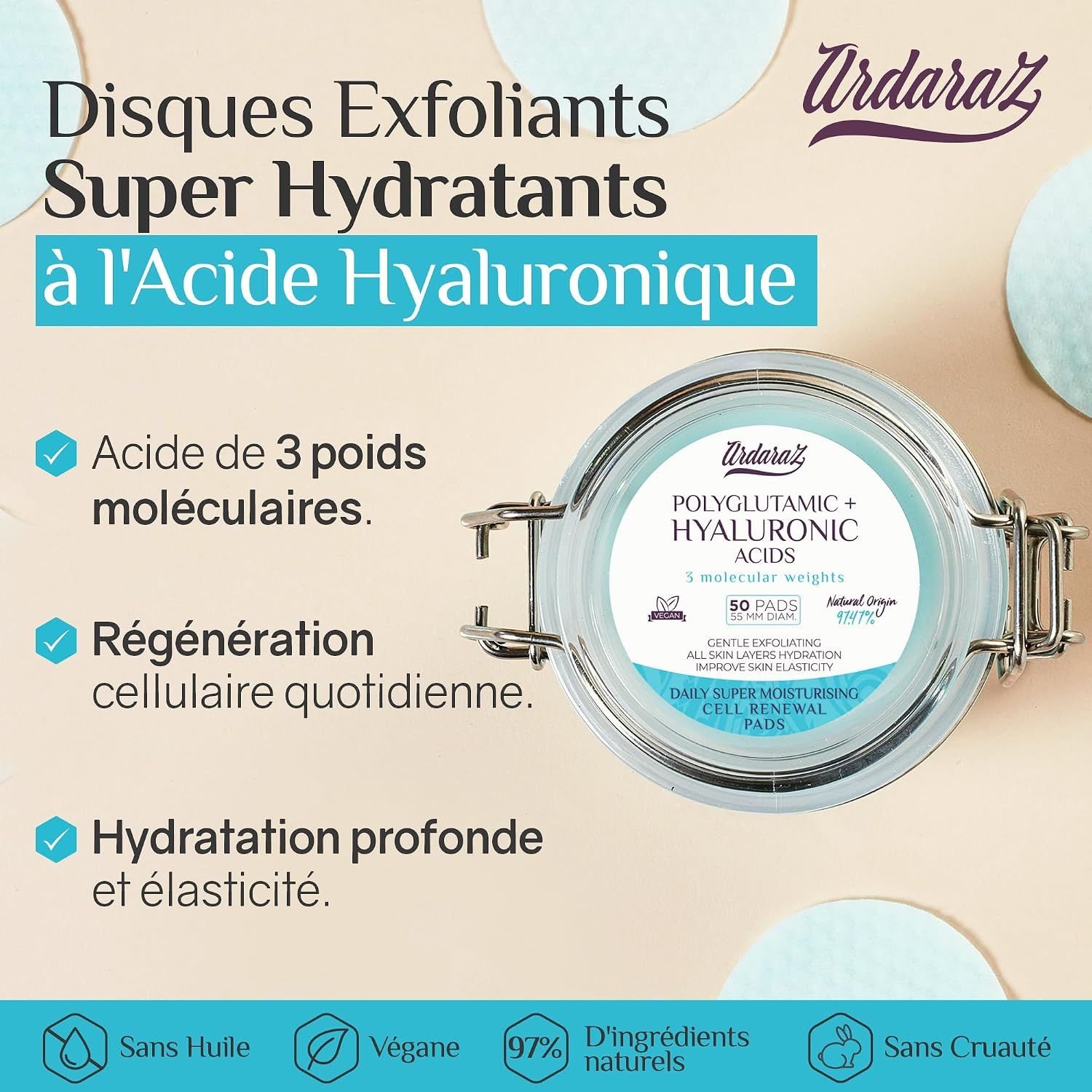 Disques Ardaraz exfoliants : Bocal, boîte en carton et un disque individuel.