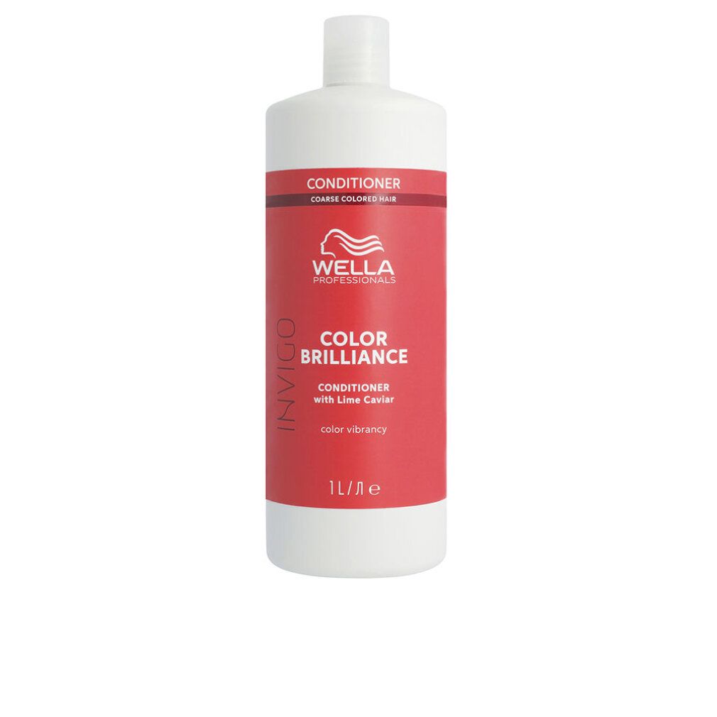 Witte fles met rood etiket. Opschrift: Wella Professionals Invigo Color Brilliance Conditioner. 1L.