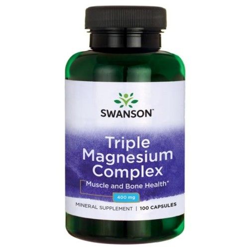 Bouteille verte de capsules Swanson Triple Magnesium Complex 400 mg. Supplément minéral pour muscles et os.