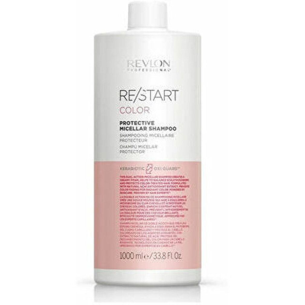 Flacon blanc avec étiquette rose. Inscription: Revlon, Re/Start Color, Protective Micellar Shampoo. 1000 ml.