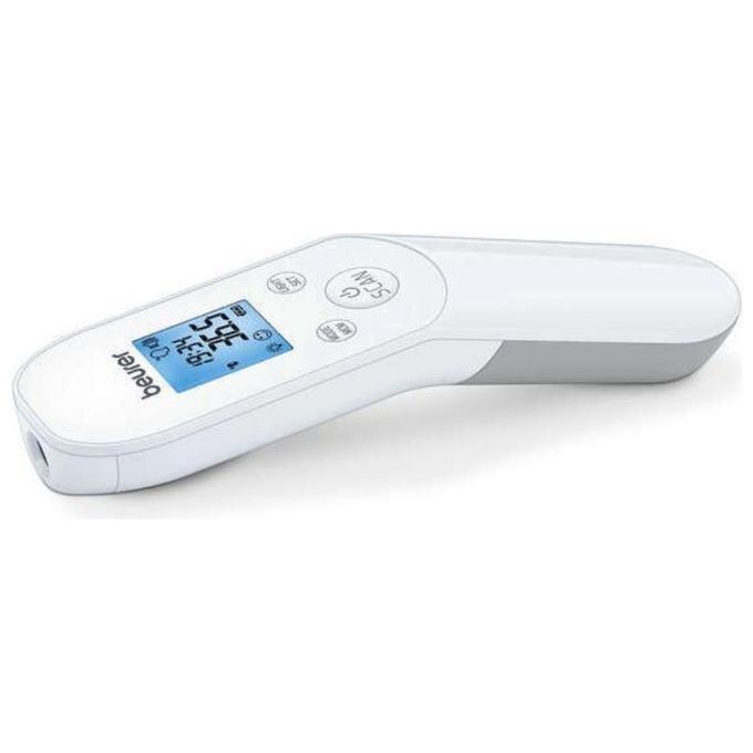 Wit, digitaal infraroodthermometer met blauw display. Toont temperatuur, tijd en symbolen. Merk: Beurer.