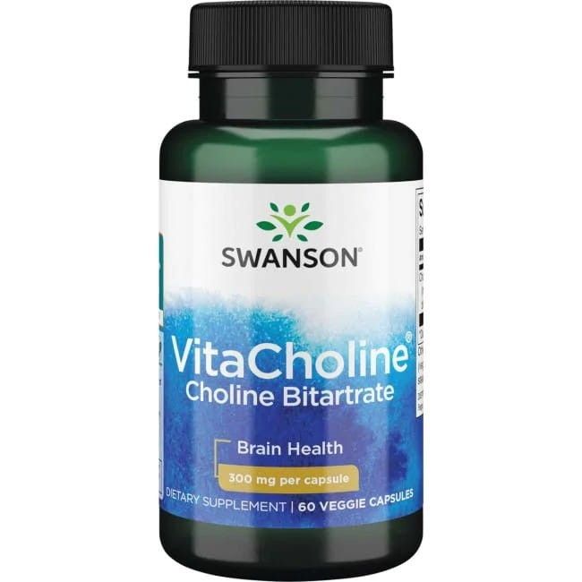 Groene fles met zwarte dop. Opschrift: SWANSON VitaCholine Choline Bitartrate. 300 mg per capsule. 60 veggie capsules.