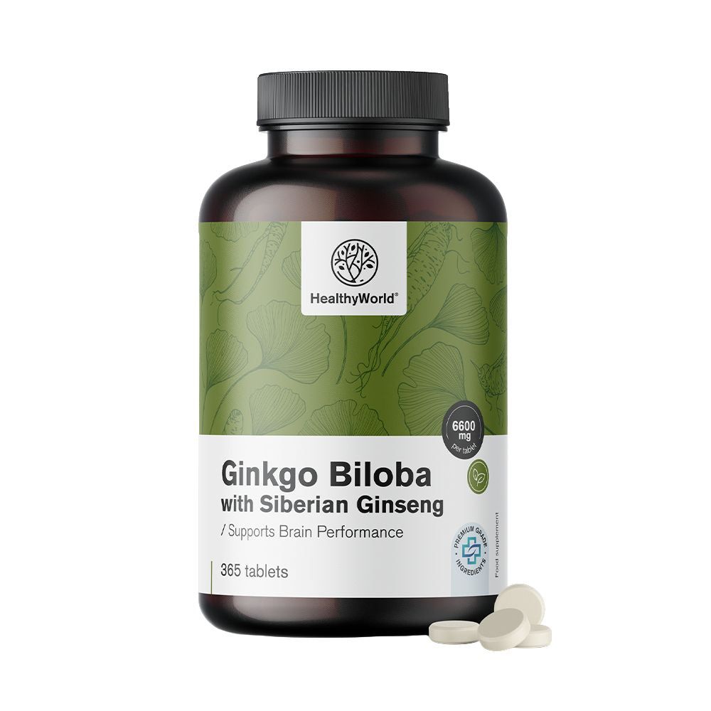Bruine fles met tabletten. Opschrift: Ginkgo Biloba with Siberian Ginseng. 365 tabletten. Logo: HealthyWorld. Enkele tabletten ernaast.