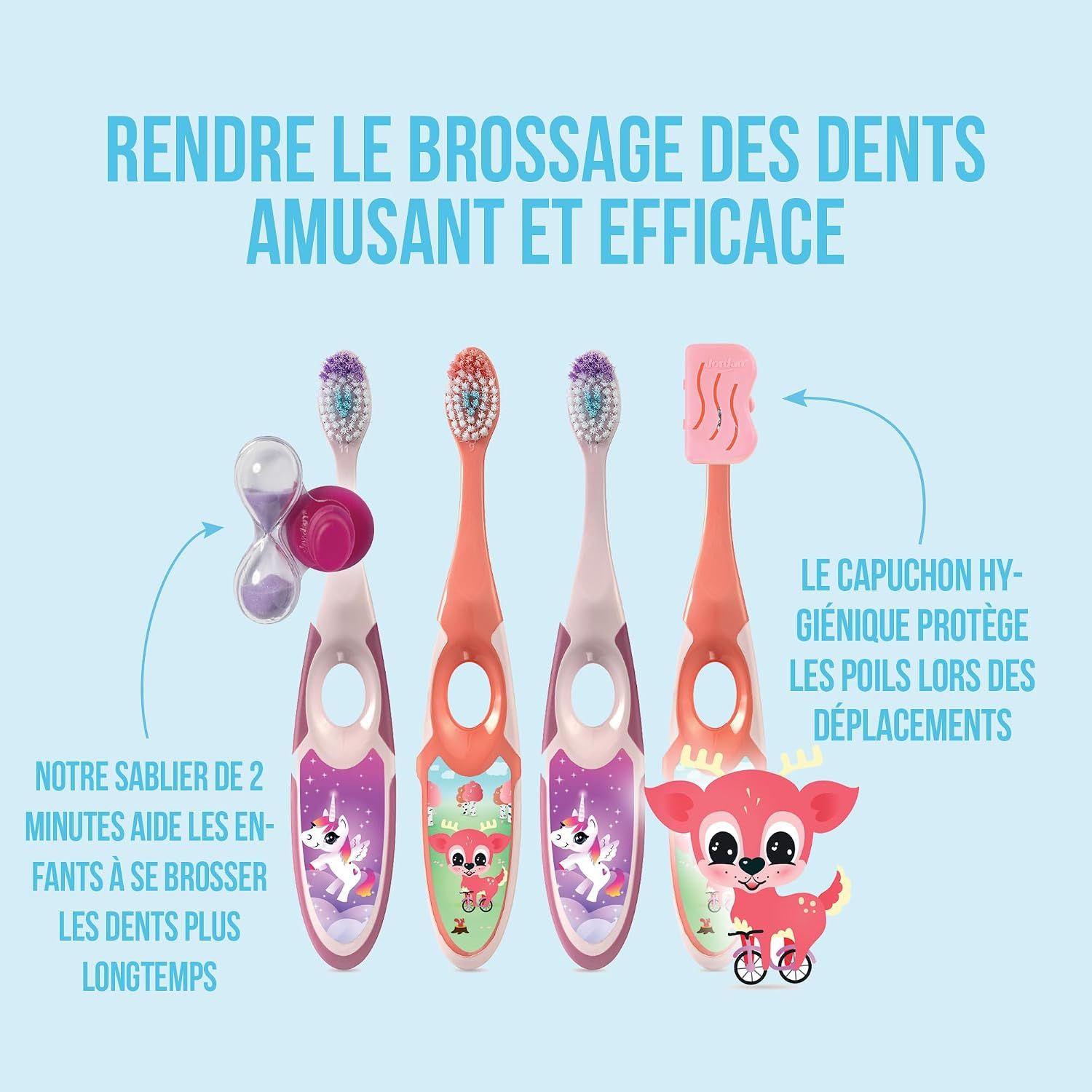Brosses à dents Jordan pour enfants (3-5 ans) motif licorne, minuteur 2 min, capuchon de voyage.