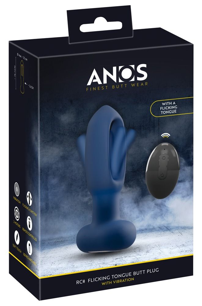 Emballage d'un bouchon anal bleu avec langue vibrante et télécommande.
